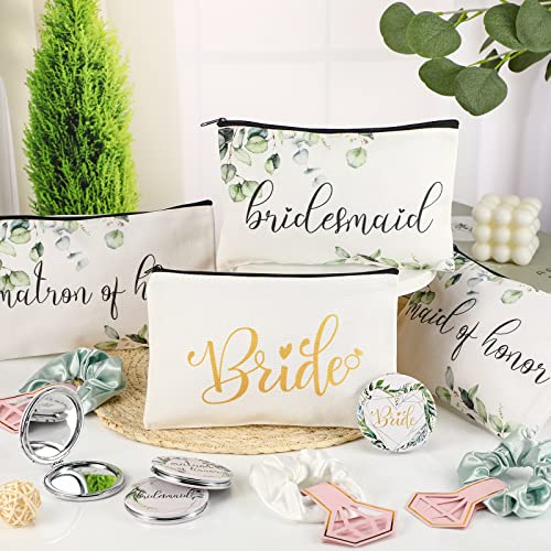 24 Pieces Bridesmaid Proposal Gifts Wedding Makeup Bag Gift Set Includes 8 Bridesmaid Makeup Bags 8 Satin Hair Scrunchies 8 Bridesmaid Compact Mirrors(Green Leaves) - Image 5