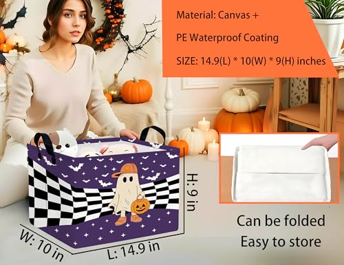 Image of Large Halloween Themed Candy Gift Boo Basket for Kids Baby Personalized Adults Storage Bin Fall Decor(Baseball Hat Grid Spooky)