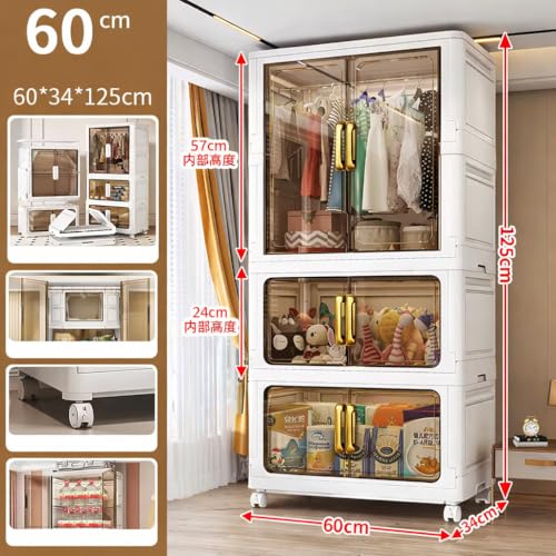 Image of EXVITO Modular Plastic Wardrobe for Bedroom | 1 Tier+2 Bins Foldable Cupboard with Hanging Rod | Stackable Storage Almirah for Clothes with Wheels | Multi-Layer Plastic Storage Cabinet-(TRAN)