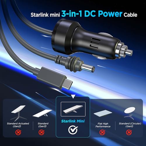 Image of Hugener 3 in 1 Starlink Mini Cable 10FT / 3M, High-Speed USB C /Car Charger /DC to DC Replacement Cable for Starlink Mini Power, Waterproof Extension Power Cable Accessories