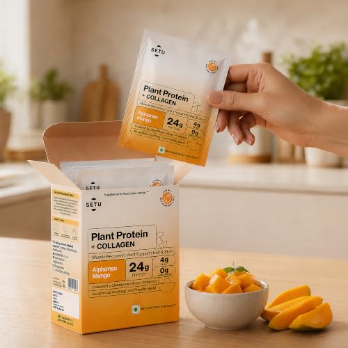 Image of Setu Plant Protein + Veg Collagen | 24g Protein with Glutathione & Biotin | Pea & Rice Isolate | For Muscle, Skin & Hair | Protein Powder for Men & Women | Alphonso Mango Flavour | (Pack of 6 Single Serve Sachets)