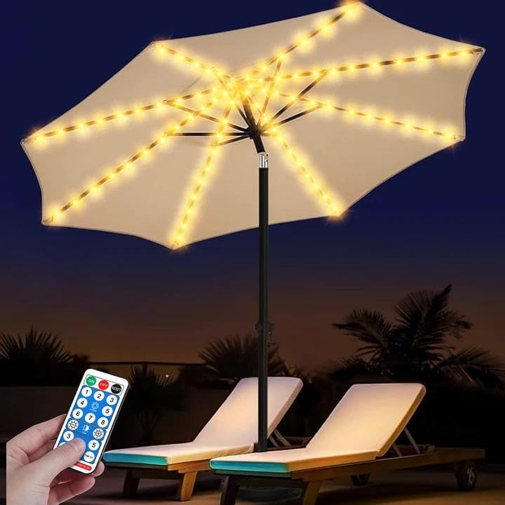 Éclairage solaire pour parasol, guirlande lumineuse avec 104 LED, guirlande lumineuse de parasol de jardin avec télécommande pour décoration de parasol,...