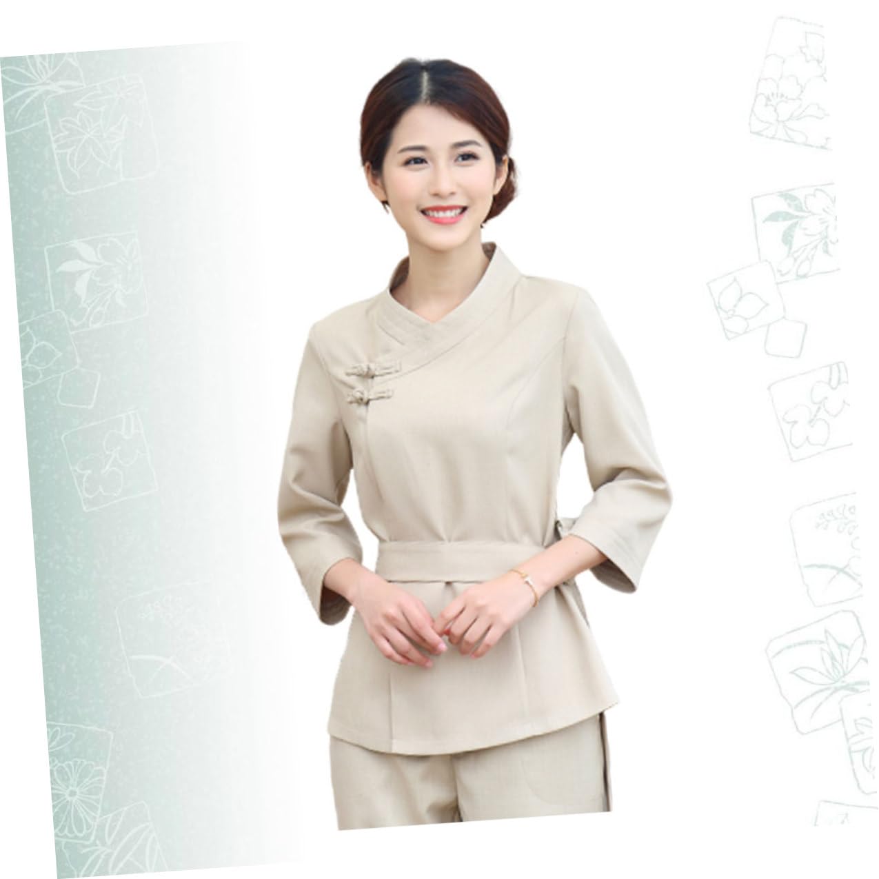 IMIKEYA Uniforme de Esteticista Beige para Salón y SPA, Traje Cómodo de Poliéster y Spandex Fácil de Llevar para Técnico de Belleza