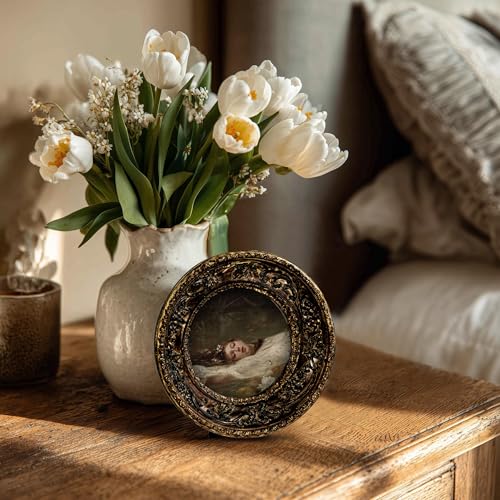 Image of eletecpro 3x3 Small Round Picture Frame with Glass Cover, Antique Gold | Retro Ornate Gold Photo Frame 3 x 3 for Tabletop or Wall Hanging