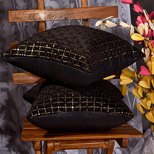 Image of Black Cushion Covers 12x18 Set of 2, Embroidered Cushion Covers, Fancy Rectangular Cushion Covers, Festive Mirror Work Cushion Covers, Black Kusan piloo Set