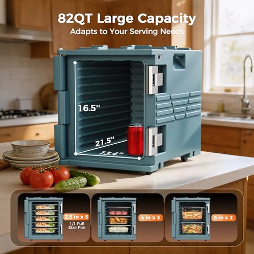 Image of CAMMOO Blue 82QT Non-Electric Hot Box Food Warmer with Wheels, 304 Stainless Steel Latch, Insulated Food Carrier for 5 Full-Size Pans(NOT Included), Food Warmer Box Hot Boxes for Catering