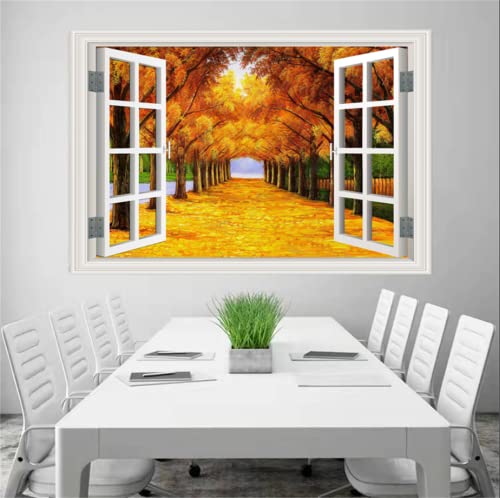 Thnwsy Self-Adhesive Wall Sticker Romantic Living Room Bedroom Study Office Decorative Wall Sticker Ocean Scenery Fake Window Sticker Mural (17.3"×27.6", Golden Avenue) #TOP2