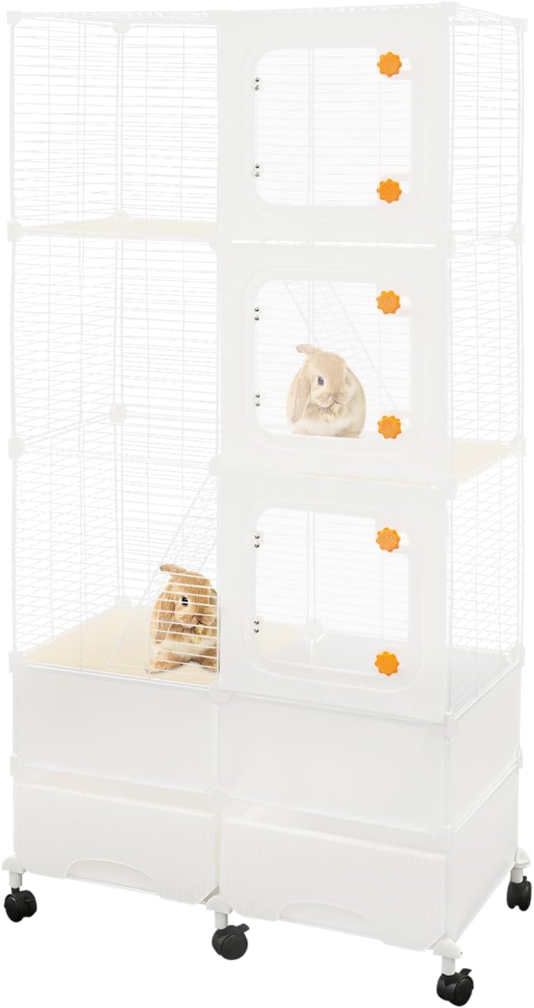 4-Tier Wide Pet Cage with 2 Drawers & 6 Brake Wheels, 74×37×155cm Large Capacity Pet Cage for Squirrel Chinchilla Bird Rabbit Ferret Home Pet Store (White)