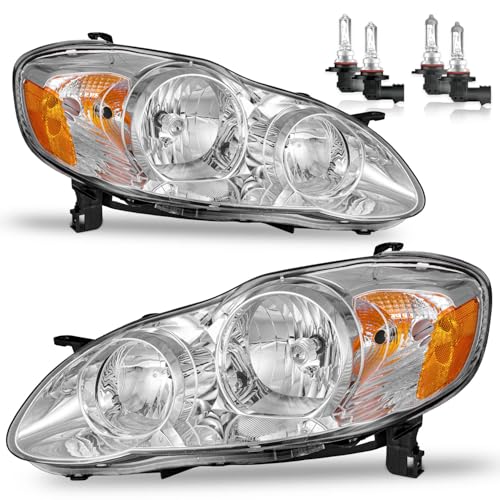 ROADEAL Headlights W/Bulbs for 2003 2004 2005 2006 2007 2008 Toyota Corolla Halogen Headlamp Replacement Driver & Passenger Side