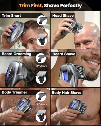 Image of Head Shavers for Bald Men, 5-in-1 Electric Shaver Grooming Kit, 7D Floating IPX7 Waterproof Rechargeable Wet /Dry Razor for Skull Bald Head, Body Hair, with Massager, Black
