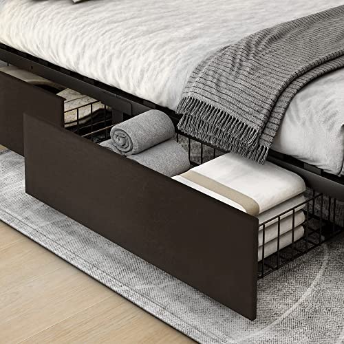 Yitahome Upholstered Bed Frame With 4 Storage Drawers And Adjustable Headboard, Queen Bed Frame Mattress Foundation With Sturdy Wood Slat Support, No Box Spring Needed, Brown (Queen) #TOP7