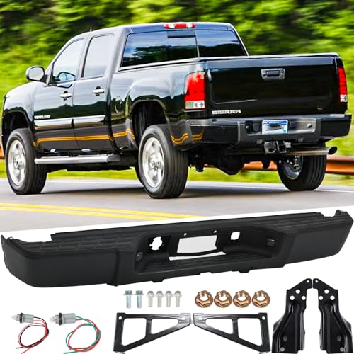 Rear Steel Step Bumper Assembly for 2007-2013 Chevy Silverado 1500 & GMC Sierra 1500 without Park Sensor Holes Black Back Bumper Replacement for GM1103159 with Pads Brackets and License Plate Lights