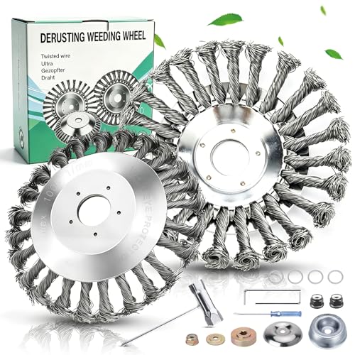 Profi Unkrautbürste für Freischneider 2 Stück 6 & 8 Zoll Wildkrautbürste für Motorsense Drahtbürste Freischneider mit 25 4 mm Bohrung & 20 mm Adapter inkl. Zubehör für Moos und Unkraut