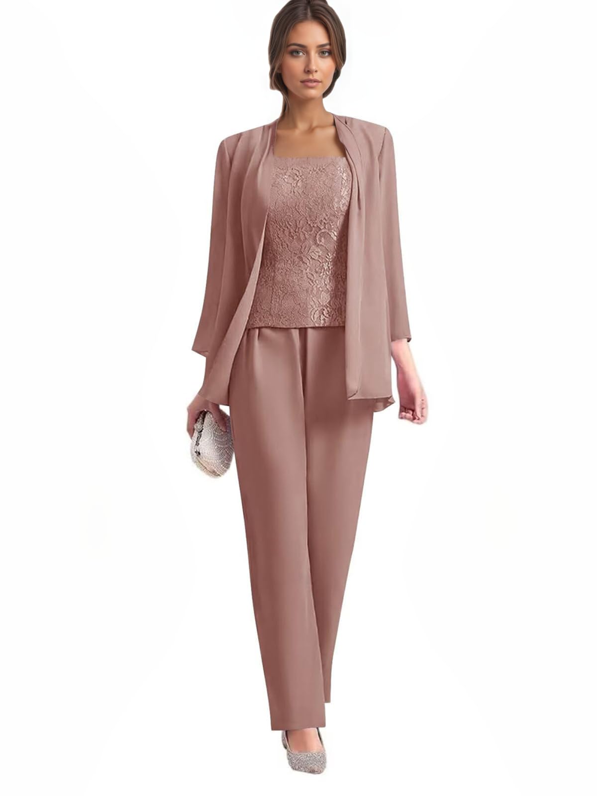 3 Pieces Chiffon Lace Mother of The Bride Pant Suits for Wedding Formal Grandmother Pantsuit Outfits with Jacket