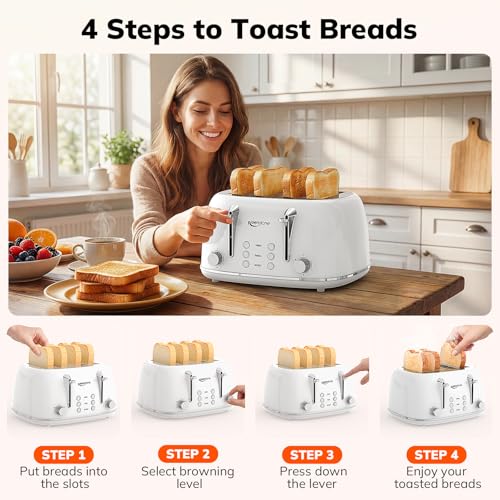 Image of Keenstone Toaster 4 Slice, Retro Stainless Steel Wide Slot Toaster with Dual Independent Controls, 6 Browning Levels, Bagel, Defrost, Reheat & Cancel, Removable Crumb Tray, White