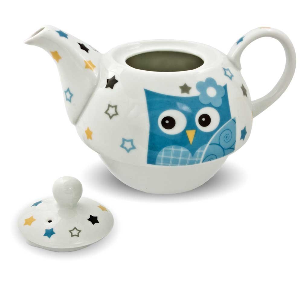Porzellan Tee Set Tea for one Teeservice Eule blau weiß Teekanne Tasse Untersetzer