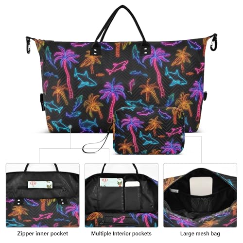 Palm Tree Shark Black Large Travel Duffle Bag Weekender Overnight Bags Gym Yoga Bag for Women Men with Toiletry Bag2