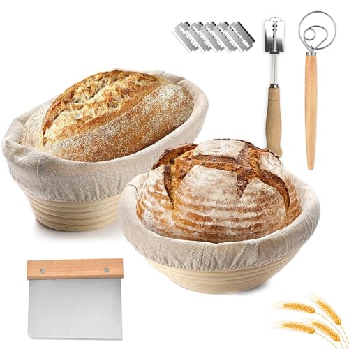 Cestino da Lievitazione per Pane,2 PCS 10" Cesto in Rattan Naturale,700g di impasto,con Tela di Lino,asta mescolare farina,per impasto di pane,pizza e pasticceria,Facile da pulire,Ovale+Rotondo