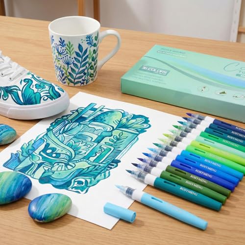 Image of ROSYMENG Green Blue Art Markers: 36 Colors Acrylic Paint Pen Set with Soft Brush Tip, Straight Liquid Quick-Dry Design, Drawing Supplies for Adult Coloring Books, Rock, Wood, Glass, Fabric