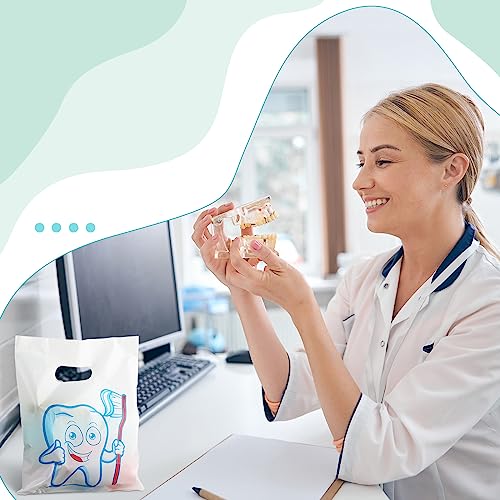 Image of Jetec 200 Pcs Dental Bag Bulk Tooth Merchandise Goodie Bag with Handles Plastic Tooth Dental Gift for Dentist Hygienist Appreciation Packaging Souvenir Gift Retail Party Favor 8.18 x 9.25 Inch(Cute)
