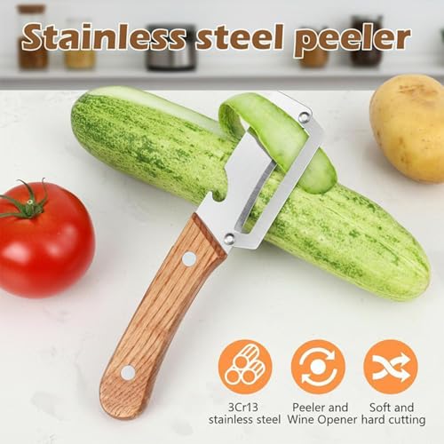2PCS Multifunctional Vegetable Peeler, Zero Snag Wooden Peeler, 2-in-1 Multifunctional Stainless Steel Peeler, Potato Fruit Pumpkins Kitchen Peelers with Bottle Opener - Image 4