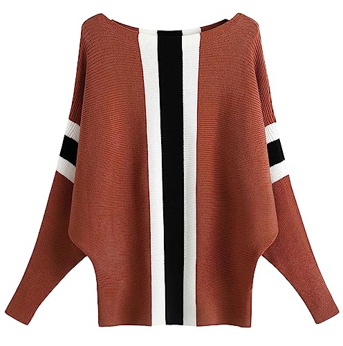 Image of FULIER Women Oversized Boat Neck Batwing Sleeves Dolman Knitted Sweaters Lightweight Pullovers Tops One Size
