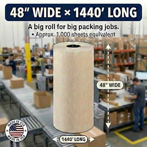 Image of Box USA Packing Paper Roll 48 inch x 1400ft (1,000 Sheets 17 inch Equivalent) - Newsprint Paper for Shipping, Storage and Moving Supplies, White