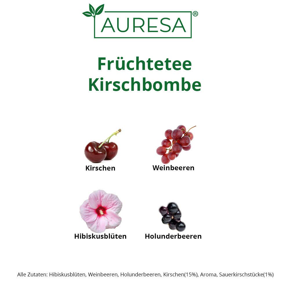 AURESA Früchtetee Kirschbombe | Leckerer Kirsch Geschmack | Heiß und kalt ein Genuss auch für Kinder da koffeinfrei