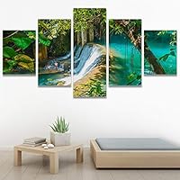 SIGNWIN 5 Panel Canvas Wall Art Forest Waterfalls for Home Decorations Ready to Hang - 60