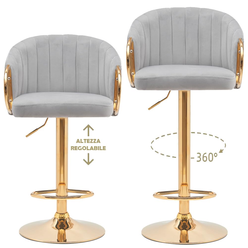 BAKAJI Set 2 Sgabelli da Cucina con Altezza Regolabile e Rivestimento in Tessuto, Sedie da Bar, Ristoranti, con Struttura Oro e Poggiapiedi, Sgabello Girevole Schienale Comfort Imbottito (Grigio)