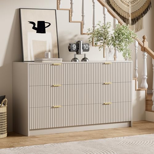 Image of Furniway Beige Dresser Bedroom Set 3 Pieces, Nightstands Sets of 2, 6 Drawer Dresser with Gold Handles for Bedroom