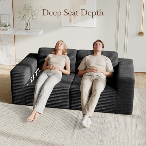 Image of Vesgantti 80 inch Modular Sectional Sofa, Corduroy Cloud Couch with Deep Seating & Spring Support, 2 Seater Compact Modular Couch, Boneless Sectional Sofa for Small Spaces, No Assembly Required, Black