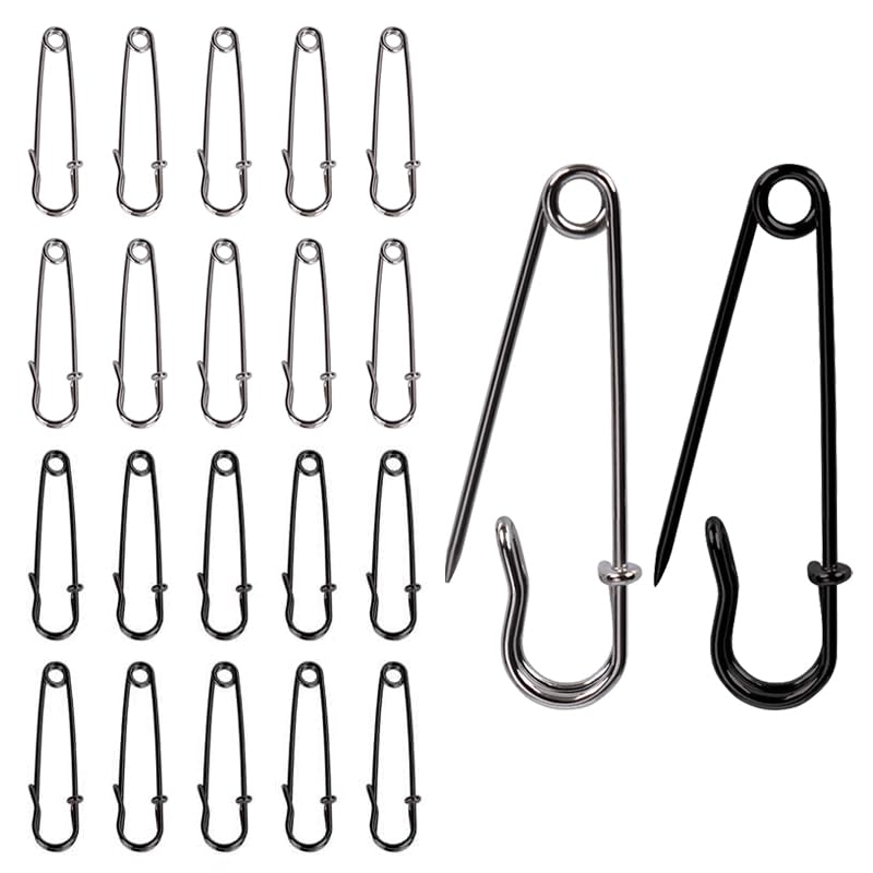 20-Pack 2-Inch Heavy-Duty Steel Safety Pins – Silver & Black (10 Each) for Blankets, Apparel, Crafts & Canvas