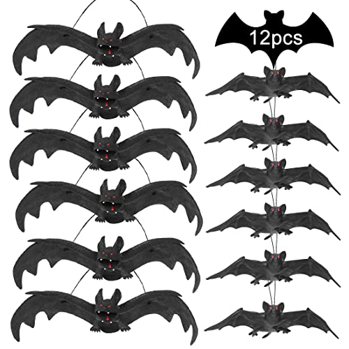 Bluelves Chauve-Souris Suspendues, 12pcs Réaliste Effrayant Chauves-Souris Caoutchouc 3D pour Deco Halloween Intérieur Extérieur