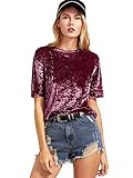 Romwe Women's Velvet Raw Edge O Neck Short Sleeve Casual T-Shirt Tee Top Blouse Burgundy L