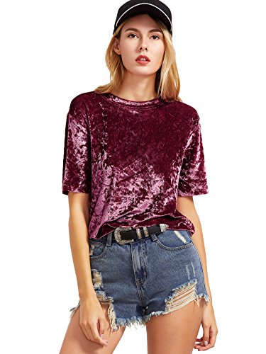 Romwe Women's Velvet Raw Edge O Neck Short Sleeve Casual T Shirt Top Burgundy L