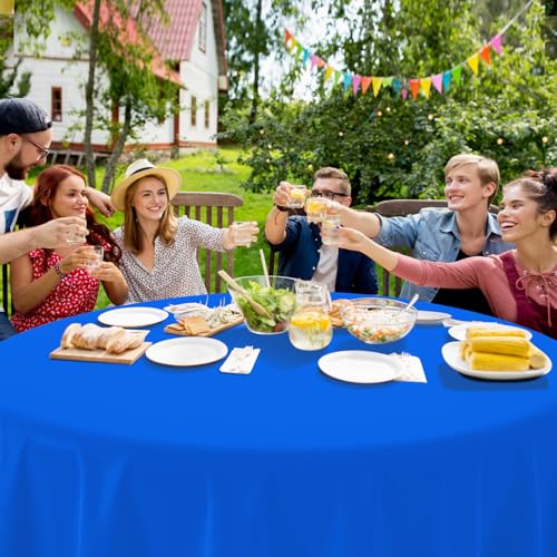 Image of 16 Pack Blue Plastic Tablecloth for Round Tables, Premium Decorative Blue Disposable Table Cloths for Parties, Bulk Round Party Table Cover for Birthday Wedding Anniversary Graduation, 84 Inch