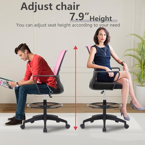 Image of BestOffice Drafting Chair Tall Office Chair Adjustable Swivel Rolling Mesh Height with Lumbar Support Arms Footrest Mid Back for Adults Standing Desk Drafting Stool (Light Pink)