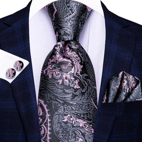 Image of Hi-Tie 3 Pcs Gift Box Mens Tie Set Necktie with Pocket Square Cufflinks Lapel Pin Silk Neck Tie Collection
