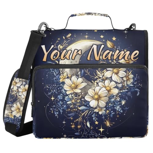 Image of Custom 3 Ring Zipper Binder Astrology Moon Flower Personalized Name 1.5 Inch Binders Large Capacity Multi Pockets for School Office Supplies