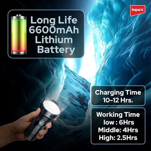 Image of Impex Rechargeable Torch Flashlight Ultra X20 | Ultra Bright LED Light 20 Watts and 6600 MAh Battery for trecking, Hunting, Camping | C Type Charger | 2 Year Warranty