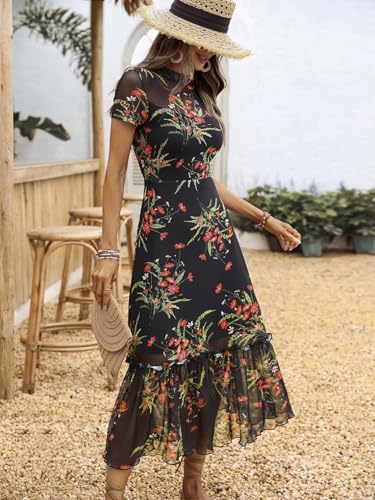 Image of GothDark Women's Summer Floral Mesh Ruffle Dress Short Sleeve Round Neck Waist Cinched Casual Maxi Wedding Guest Dresses
