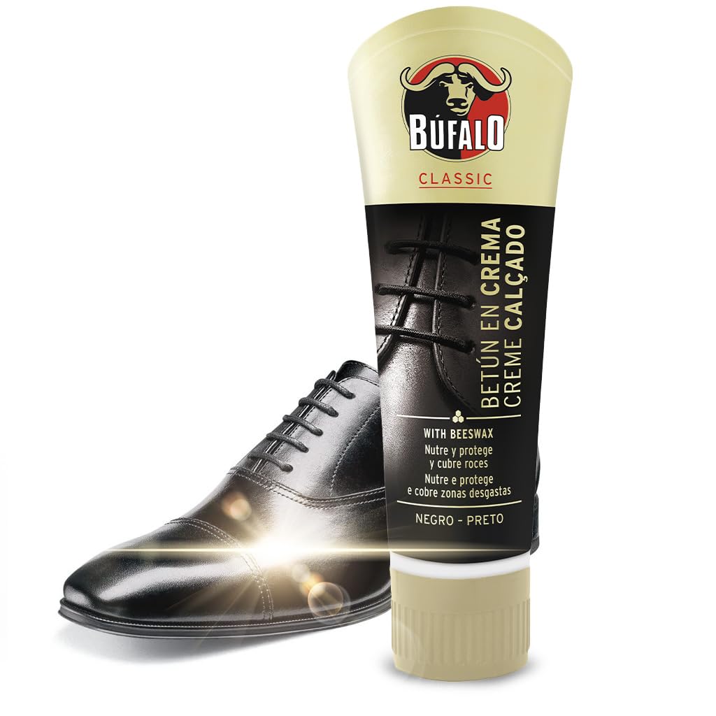 Búfalo Classic - Betún en Crema para Zapatos, Cuidado del Calzado, Crema Color Negro que Nutre, Protege y da Brillo, Óptimo para Pieles Lisas - Tubo de 50ml