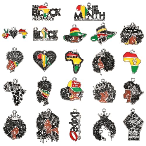 22PCS African Juneteenth Charms for Jewelry Making, Crystal Africa Map Power Fist Charms Black Women Queen Heart Pendant Charm for Bracelet Necklace Earrings Making DIY Crafts Accessories Party Gifts