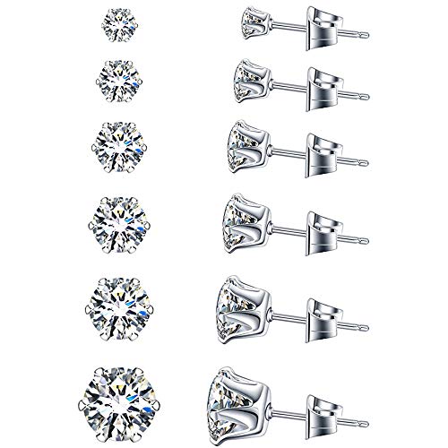 UHIBROS 6 pairs Stud Earrings Set, Hypoallergenic Cubic Zirconia 316L Earrings for Men Women Stainless Steel CZ Earrings, 3-8mm