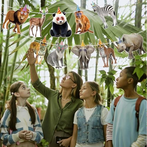 Image of Party Animal Birthday Banner Decorations Wild Animal Birthday Party Banner Sign for Kids Jungle Animals Theme Decorations Zoo Themed Decoration Supplies
