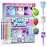 BUNMO Plush Cute Pens 3-Pack – Squishy Animal Pens w/Scented Glitter Ink Refills – Cat, Cow, Unicorn – Fun Writing, Doodling & Journaling for Kids & Teens