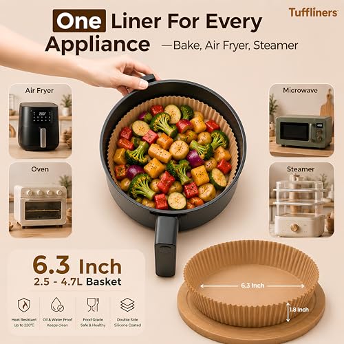 Image of Round Air Fryer Paper Liners 6.3 Inch, 100 Sheets, Silicone Coated, 100% Virgin Wood Pulp, Oil & Water Proof, Shape Retaining, Non-Stick Disposable Parchment Paper for 2.5-4.7L Air Fryers