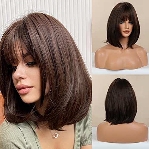 Tkekruh Pelucas Cortas Bob,Pelucas Cortas Naturales,Peluca Sintética Natural,Longitud Del Hombro,Peluca Longitud De Hombro Pelucas Para Mujeres Parte Media Peluca Para Diariamente (Marrón) Cover