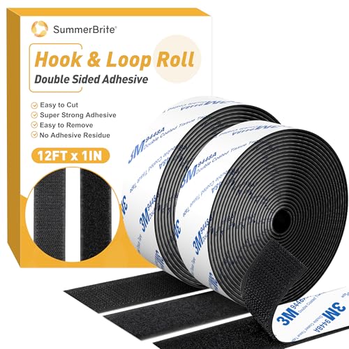 12Ft x 1 Inch Hook and Loop Tape, Heavy Duty Double-Sided Adhesive Strips, Strong Sticky Back Fastener, Cuttable Interlocking Tape Fasteners for Home, Office, Car, School & DIY Crafts (Black)